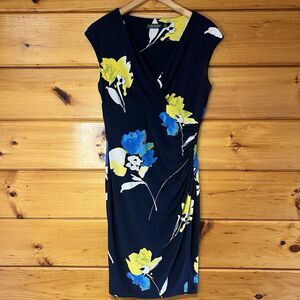 Ralph Lauren Navy Blue Floral Print Jersey Ruched Dress Size 6 Sheath Summer